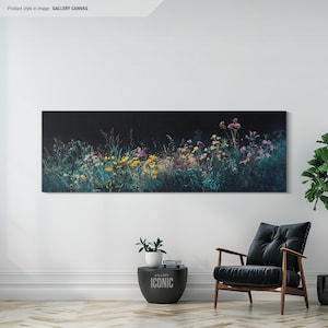 Wildflowers At Night Framed Canvas Wall Art | Wide Panoramic Wall Art Above Bed | Horizontal Canvas Print For Bedroom | Above Couch Art