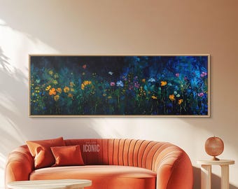 Wildflowers At Night Framed Canvas Wall Art | Wide Panoramic Wall Art Above Bed | Horizontal Canvas Print For Bedroom | Above Couch Art