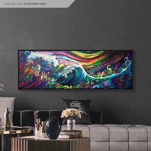 Abstract Great Wave Canvas Art Framed | Large Panoramic Painting | Horizontal Wall Art | Seascape Wall Art | Moody Ocean Canvas Print