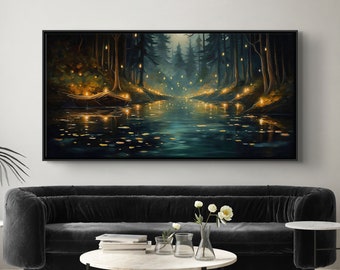 Fantasy Forest art print on canvas, modern magical decor, large landscape wall art for home, framed and ready to hang