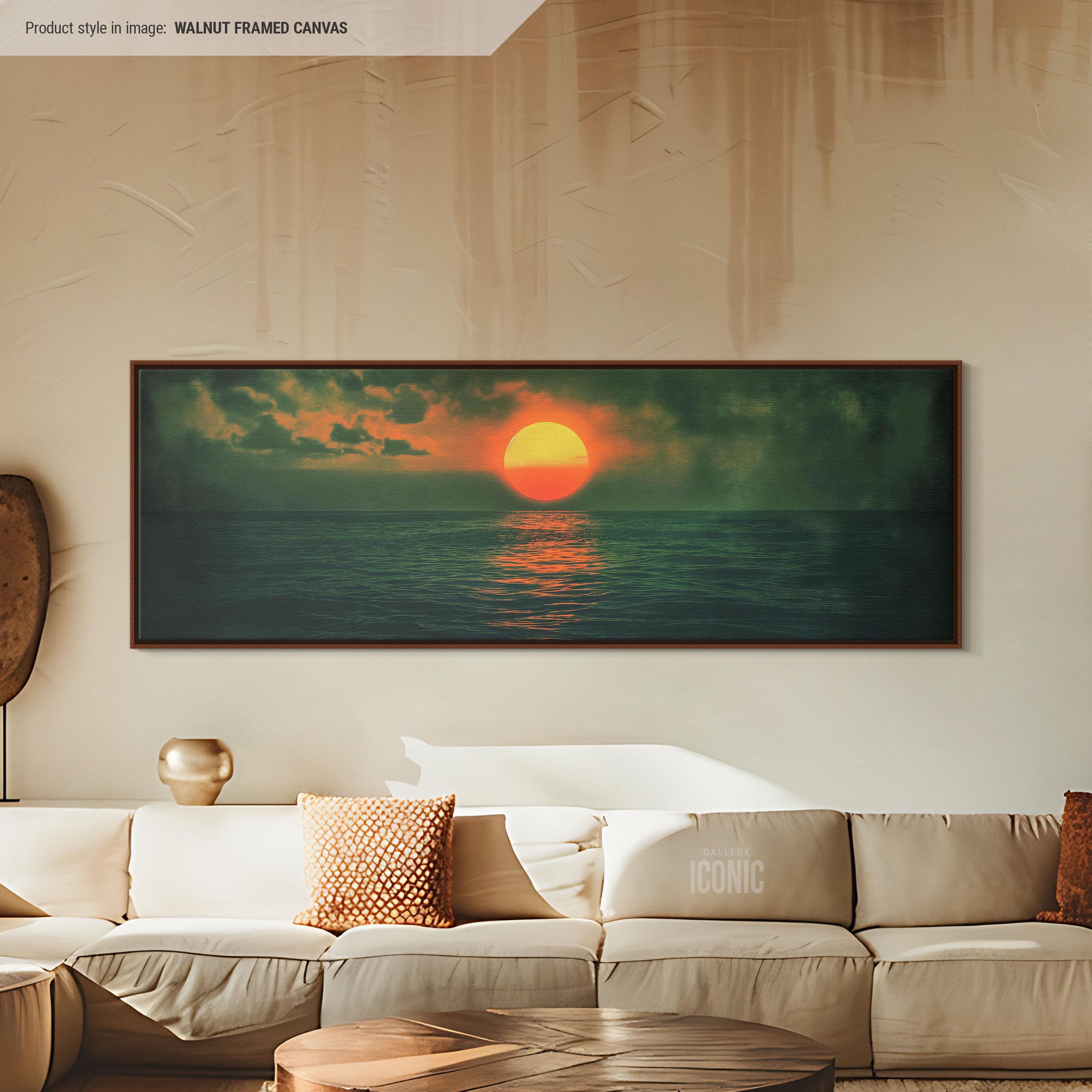 Sunset Over Emerald Green Ocean Framed Canvas | Wide Panoramic Wall Art for Bedroom | Horizontal Canvas Print | Emerald Green Wall Art
