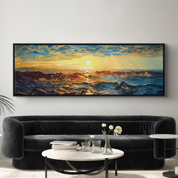 Golden hour ocean sunset art print on canvas, sea waves, oil style painting, large panoramic wall art for home, framed and ready to hang