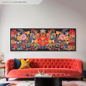 Floral Kunst Leinwand | Große Breite Panorama Wand Kunst Über Bett | Lange horizontale Leinwand für Wohnzimmer | Abstraktes Blumenmuster