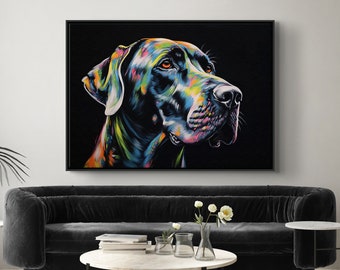 Great Dane art print on canvas, gift for dog lovers, abstract large animal wall art for home, framed and ready to hang