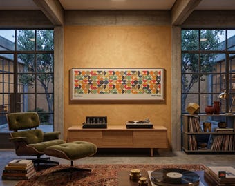 Puede incluir: Una impresión de arte mural rectangular con un patrón geométrico repetitivo de semicírculos y círculos en rojo, amarillo, verde y azul oscuro. La impresión incluye el texto "bauhaus" abajo a la izquierda y "1919-1933" abajo a la derecha.