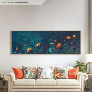 Blue Wildflowers Framed Canvas Wall Art | Wide Panoramic Wall Art Above Bed | Horizontal Canvas Print For Bedroom | Above Couch Art