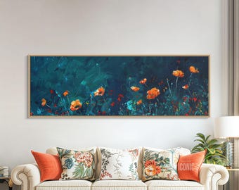 Blue Wildflowers Framed Canvas Wall Art | Wide Panoramic Wall Art Above Bed | Horizontal Canvas Print For Bedroom | Above Couch Art