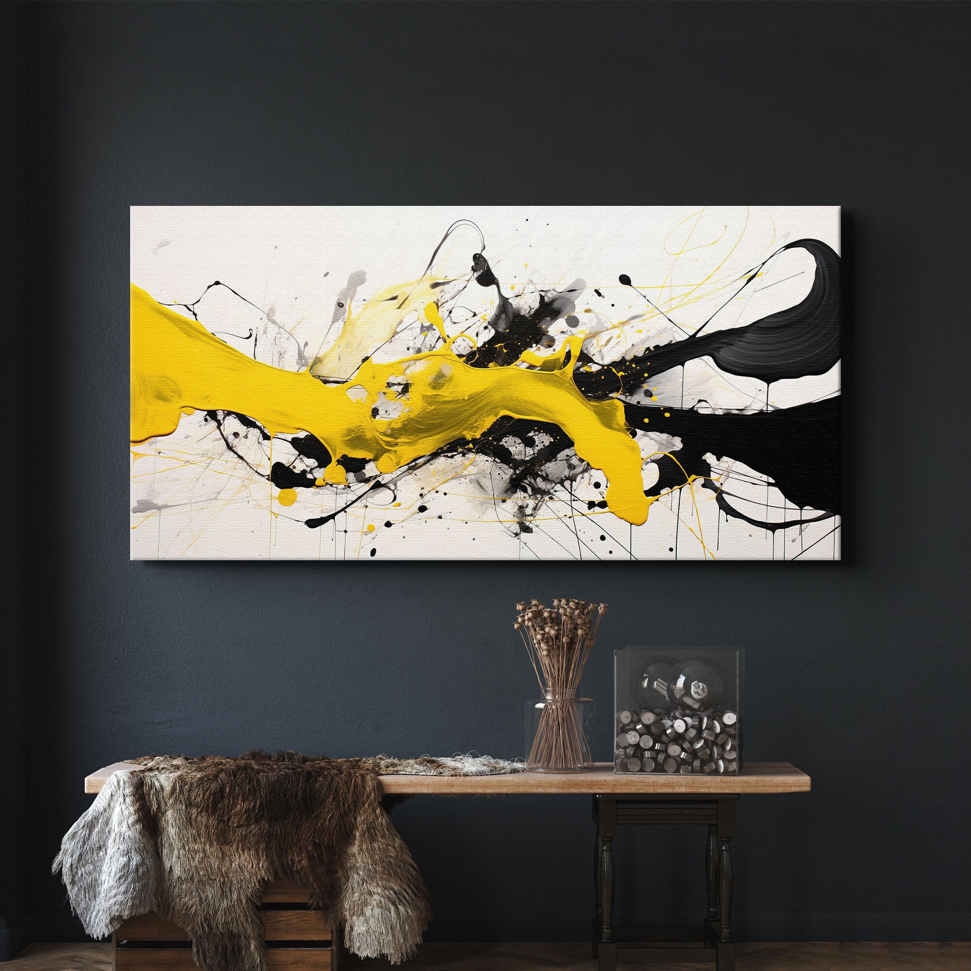 Abstract Yellow & Black Color Splash Art Print on Canvas, Expressionism Painting, Large Abstract ...