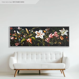 Flowers At Night Framed Canvas Wall Art | Wide Panoramic Wall Art Above Bed | Horizontal Canvas Print For Bedroom | Above Couch Art
