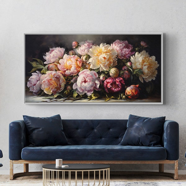 Peony flower bouquet art print on canvas, modern botanical oil style painting, large floral wall art for home, framed and ready to hang