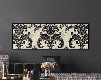 Vintage Damask Framed Canvas Print | Black & Beige Floral Wall Art