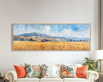 Lienzo enmarcado con paisaje rústico / Arte mural panorámico de un campo de trigo