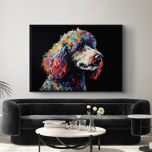 Poodle art print on canvas, gift for dog lovers, abstract large animal wall art for home, framed and ready to hang