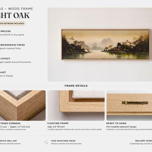 Misty Mountain Lake and Traditional Pagoda Canvas Print Canvas – Frame – Light Oak