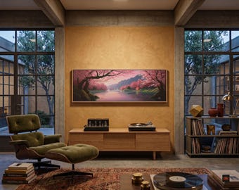 Cherry Blossom Lake and Mountain Landscape Canvas Print