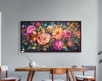 Rose Canvas Art | Framed Flower Wall Art | Large Botanical Painting | Floral Wall Decor | Above Bed Wall Art | Horizontal Wall Art