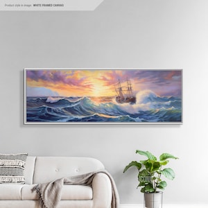 Lienzo con marco de barco en el océano / Pintura panorámica grande / Arte mural horizontal / Arte mural con paisaje marino / Impresión en lienzo con un océano melancólico