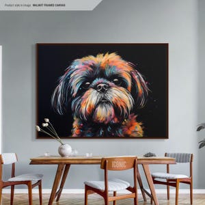 May include: A colorful abstract painting of a Shih Tzu dog on a black background. The dog's fur is painted in shades of orange, yellow, blue, and green. The painting is framed in a dark wood frame.