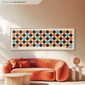 Mid Century Modern Leinwanddruck | Gerahmte Bauhaus Kunst | Breite Panorama Wand Kunst für Wohnzimmer | Horizontale Leinwand | Geometrische Kreise