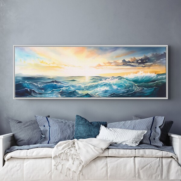 Turquoise waves art print on canvas, watercolor style painting, large panoramic wall art for home, framed and ready to hang