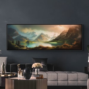 Lakeside scenery art print on canvas, hand-crafted mountain-themed decor, large nature panoramic wall art for home, framed and ready to hang