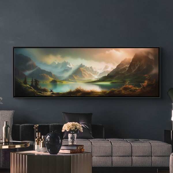 Seelandschaft Kunstdruck auf Leinwand, handgefertigte Berglandschaft, große Natur-Wandkunst für Zuhause, gerahmt und fertig zum Aufhängen