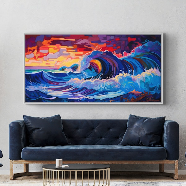 Abstract colorful wave art print on canvas, hand-crafted sea-themed decor, large landscape wall art for home, framed and ready to hang