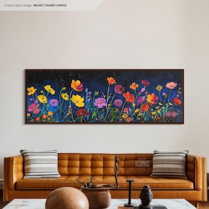 Abstract Floral Art Canvas | Big Wide Panoramic Wall Art Above Bed | Long Horizontal Canvas For Living Room | Wildflowers Art Print