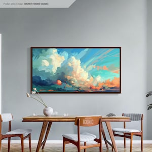 Abstracte wolken canvaskunst | Ingelijste muurkunst wolk | Groot luchtschilderij | Sfeervolle muurdecoratie | Muurkunst boven het bed | Horizontale muurkunst