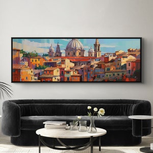 Ancient Rome city scape art print on canvas, modern sky painting, large landscape wall art for home, framed and ready to hang