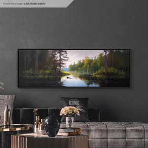 Forest Lake Canvas Art Framed | Large Panoramic Painting | Horizontal Wall Art | Tranquil Wall Art | Moody and Relaxing Canvas Print