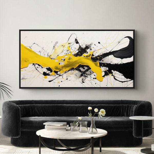 Abstract yellow & black color splash art print on canvas, expressionism painting, large abstract wall art for home, framed and ready to hang