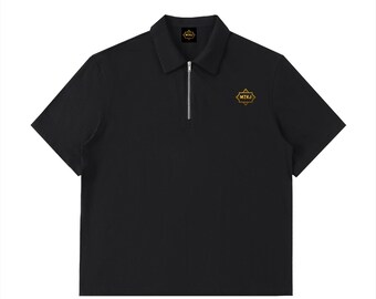 MZKJ Pikétröja med dragkedja | Svart kortärmad, elegant casual-topp med broderad logotyp