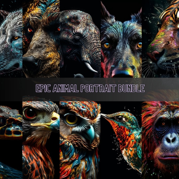 Colorful Animal Portrait Bundle | Psycheldelic Digital Prints for Wall Decor and Home Decoration | AI Art