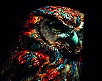 Psychedelic Abstract Owl Art Print - AI Art, Digital Art Print, Digital Download, Home Decor, Printable, Wall art, Hummingbird, HQ
