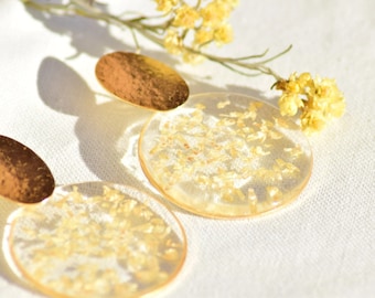 Natural XXL earrings with Dried Flowers, resin, gilded with 24 carat fine gold