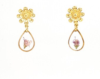 Petites boucles d'oreilles vraie fleur Vintage, clou doré à l'or fin 24 k marguerite