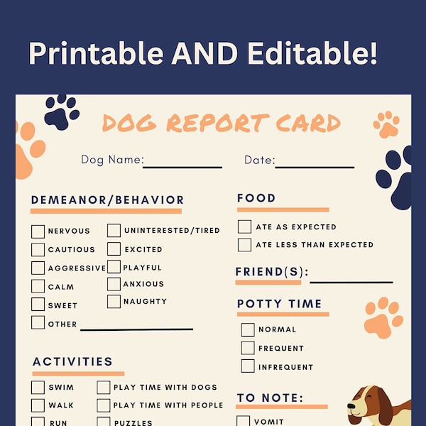 Dog Report Card, the Perfect Solution for Doggy Day Care and Dog Sitting Services! 3 Ways: Digital & Printable PDF, AND Editable Template!