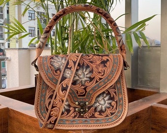 Hand Tooled Leather Bag Leather Cross Body Bag Genuine Leather Bag Tooled Leather Bag Rodeo Bag Western Purse Southwest Handbag Tooled Purse