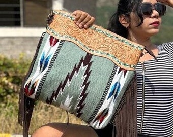 Aztec Saddle Blanket Shoulder Bag Genuine Leather Hand Tooled Carving Fringe Purse Western Style Carving Handbag - Gifts for her