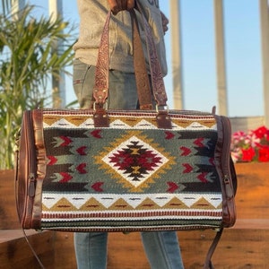 Aztec Southwest Real Handwoven Vintage Kilim Leather Duffel Bag Western Style Women's Travel Cabin Bag, Weekender Duffel, Boho Carpet Bag