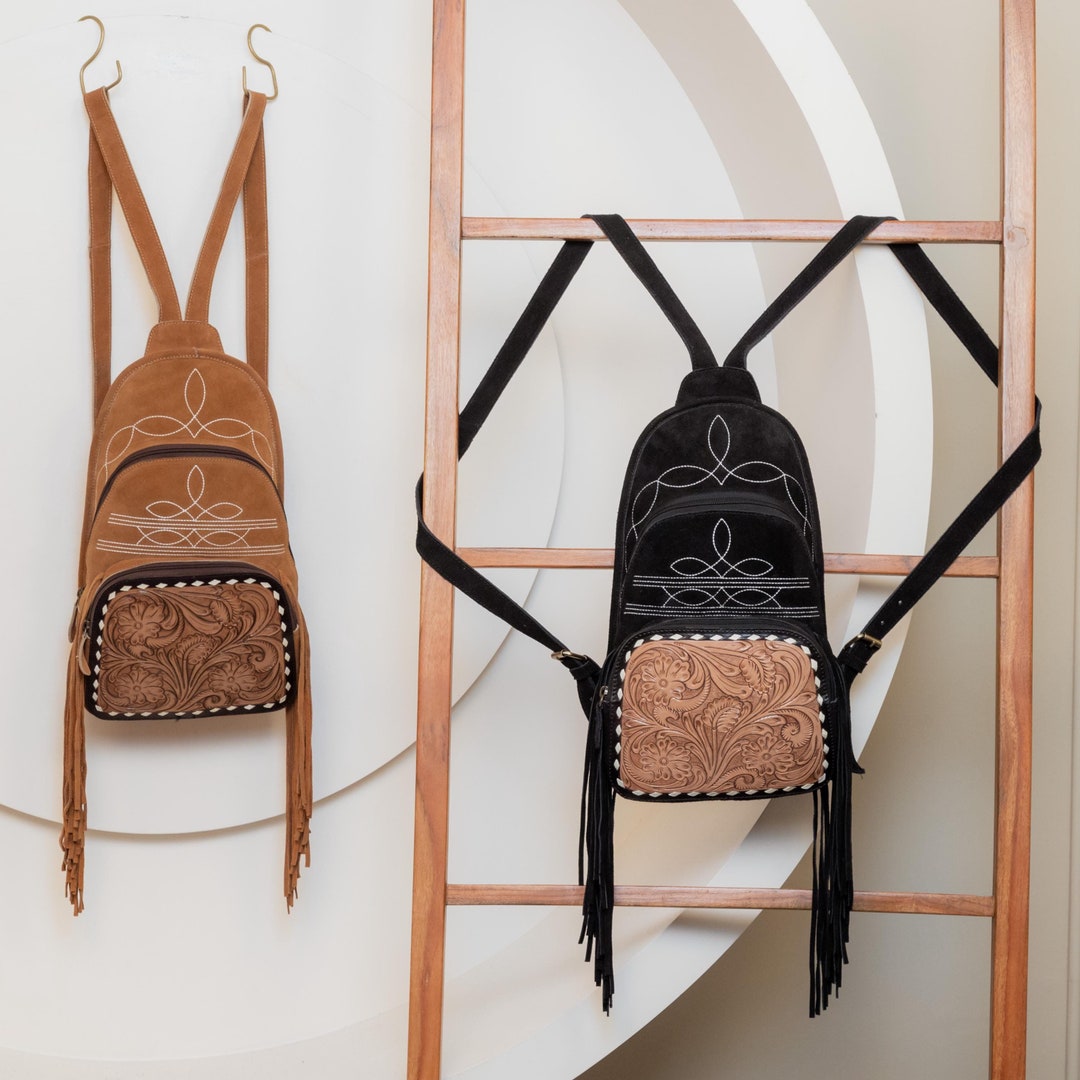 Black Suede leather Boot Stitch Backpack