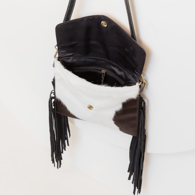 Vintage Leather Purse Cowhide Leather Fringes Bag Tooled Leather Fur