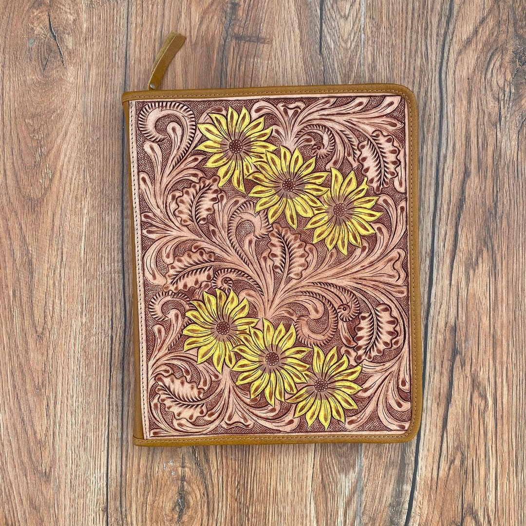 Floral Carved Leather Portfolio Cover Cowhide Document Organizer ...