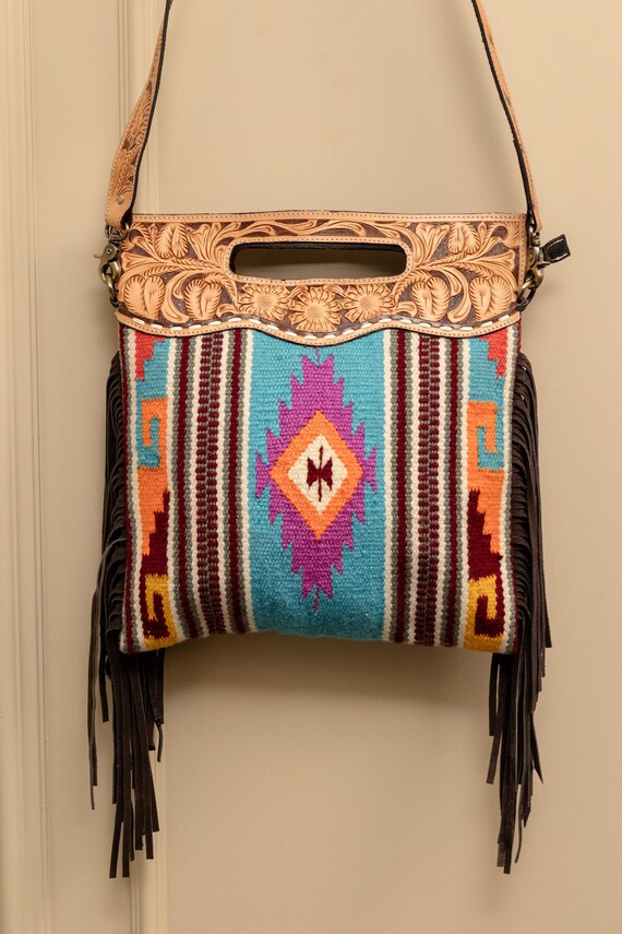 Aztec Saddle Blanket Fringe Crossbody Handbag Stylish Hand Tooled Carving Western Purse Gift for Her Stylish Sling Purse Etsy