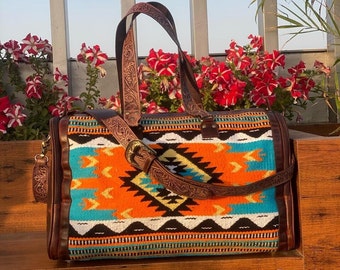 Vintage Stylish Aztec Tooled Leather Turkish Kilim Duffel Bag, Travel Cabin Bag, Weekender Duffel, Exclusive Boho Carpet Bag, Overnight Bags