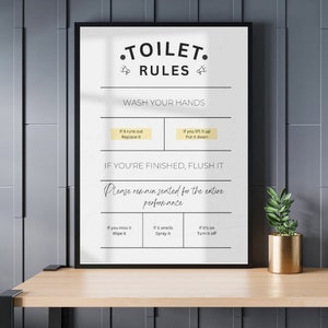 Puede incluir: Un cartel blanco con texto negro que dice "Toilet Rules" con un gráfico de un megáfono a cada lado de la palabra "Rules". El cartel tiene una lista de reglas para usar el inodoro, incluyendo lavarse las manos, tirar de la cadena y limpiar cualquier desorden.