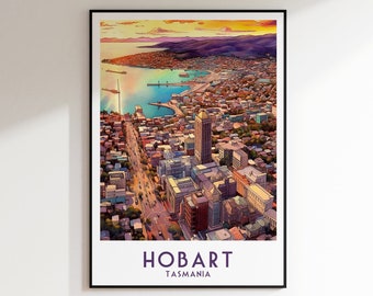 Hobart Travel Print, Tasmania Print, Australia, Decoración del hogar, Arte de pared retro, Regalo de boda, Regalo de cumpleaños, Impresión digital, Póster