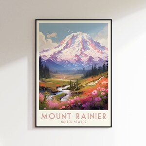 Impression de voyage Mount Rainier, États-Unis, décoration d'intérieur, art mural rétro, cadeau de mariage, cadeau d'anniversaire, impression numérique, poster Mount Rainier