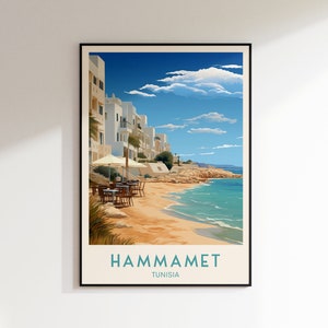 Impresión de viaje a Hammamet, impresión de Túnez, Túnez, decoración del hogar, arte mural retro, regalo de boda, regalo de cumpleaños, impresión digital, póster, impresión de Túnez